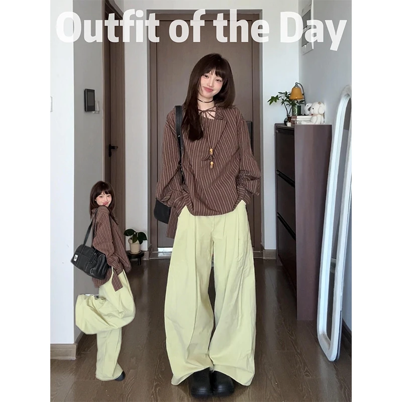 韩系ins套装春秋日常通勤百搭条纹长袖衬衫高腰百搭休闲阔腿裤子