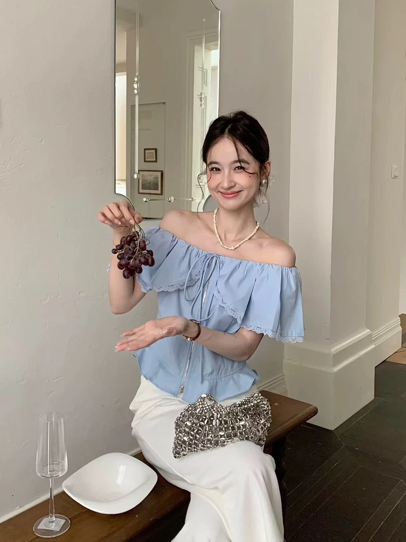 【380】M#双拉链蕾丝边衬衫上衣