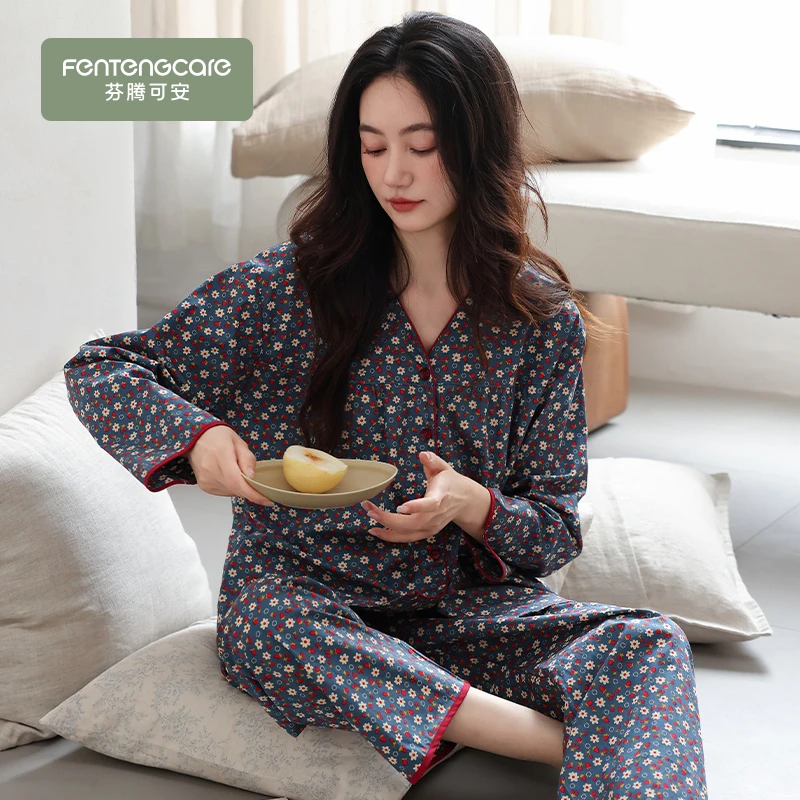 芬腾可安2025睡衣女秋季纯棉长袖甜美套装秋冬V领开衫家居服套装