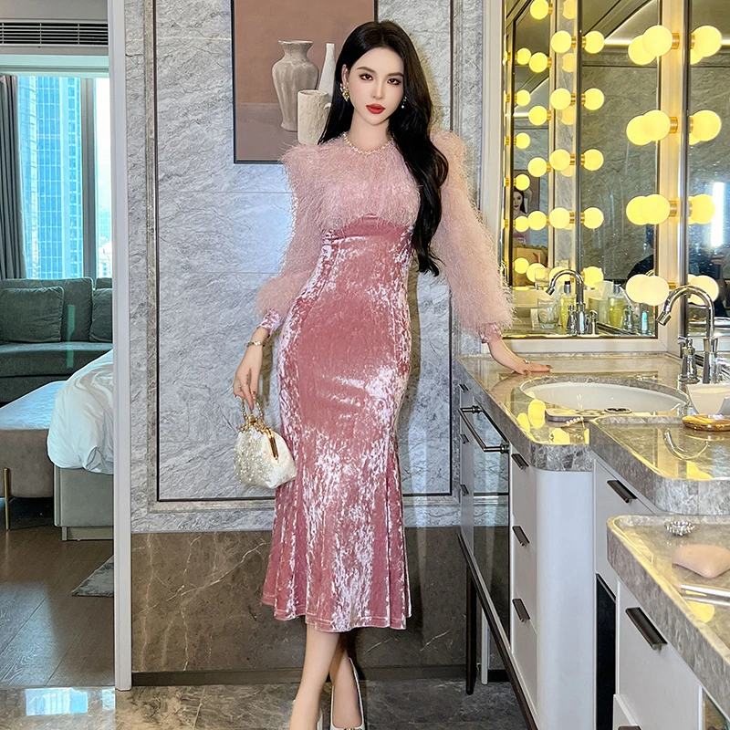 2025新款时尚气质法式轻奢减龄洋气设计师重工长袖连衣裙11253