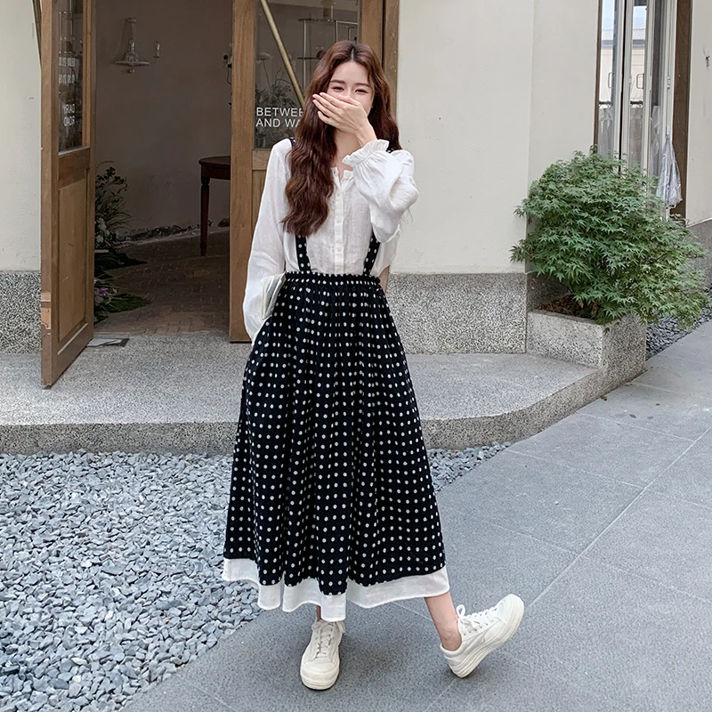 法式复古波点背带半身裙套装女2025早秋新款学院风气质衬衫两件套