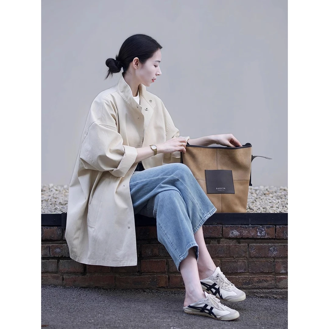 风衣外套女2025春秋新款小个子休闲日系感慵懒风廓形中长款风衣女