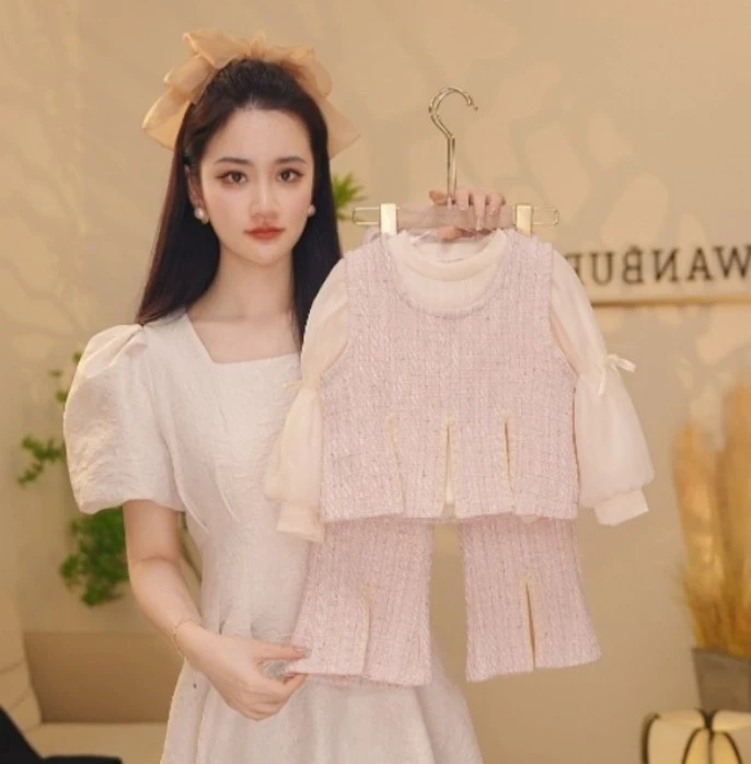 【Y.d5280】25春季新款女童洋气背心泡泡袖打底长裤女宝休闲套装