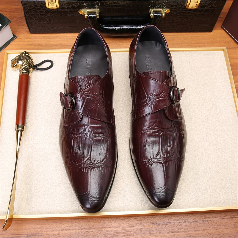 英伦商务孟克鞋男真皮压纹正装搭扣韩版尖头皮鞋男潮流休闲皮鞋