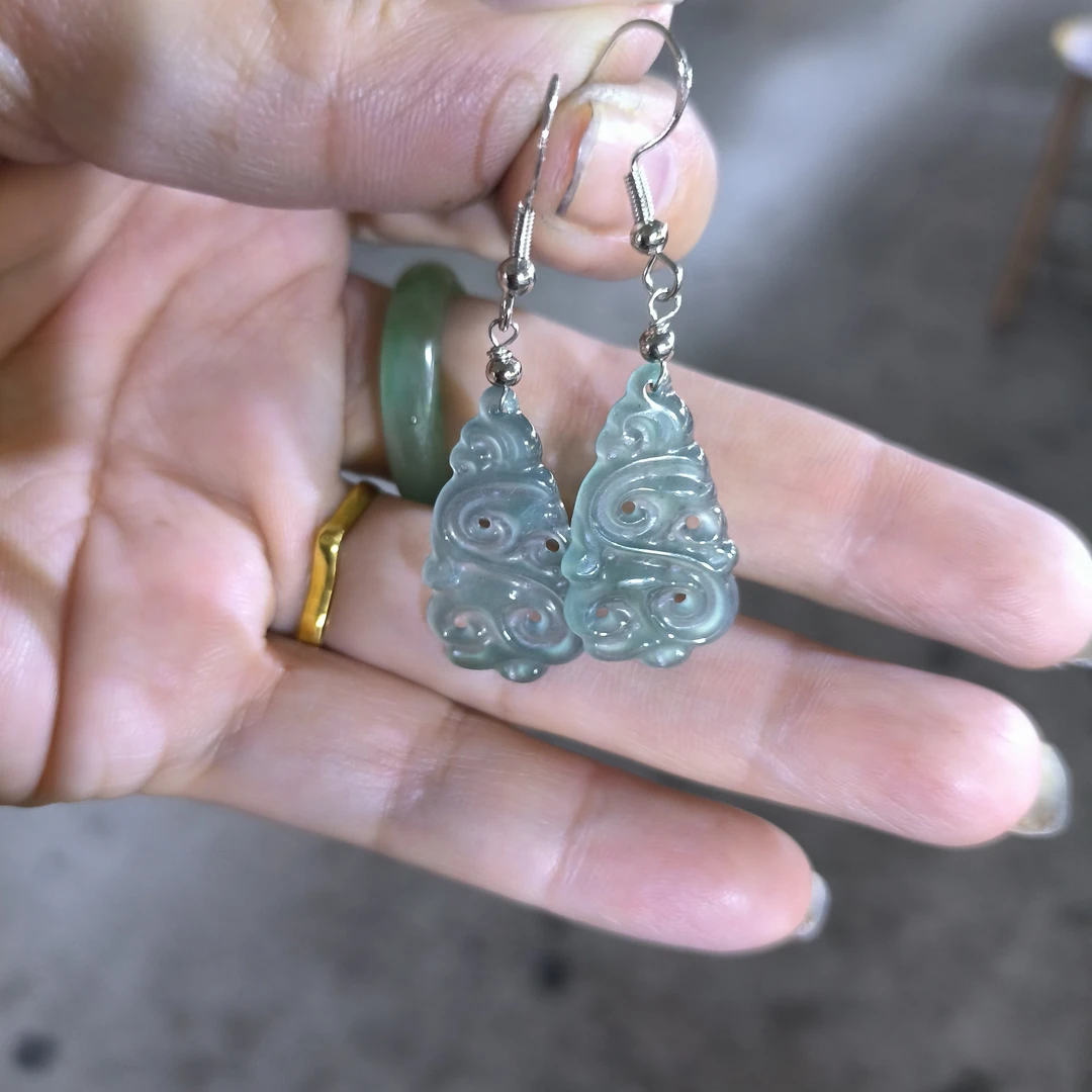 天然A货翡翠高冰蓝水如意925镶耳坠古风时尚百搭潮流精致款