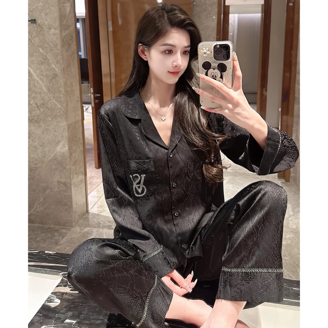 V字母烫钻冰丝提花睡衣女士2025春季长袖丝绸薄款高级感家居服女