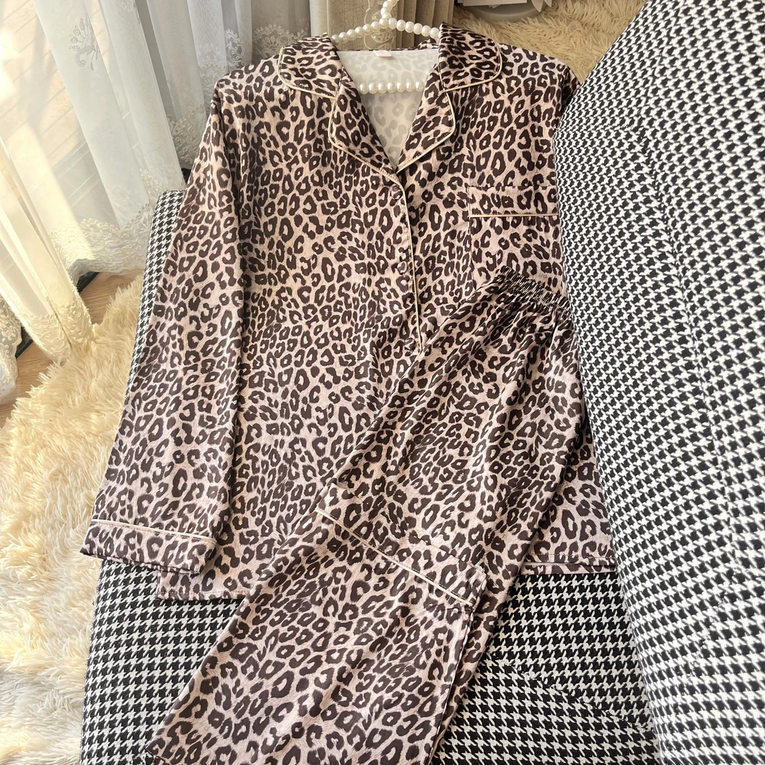 豹纹2025年春秋新款爆款冰丝开衫睡衣两件套装女士可外穿家居服