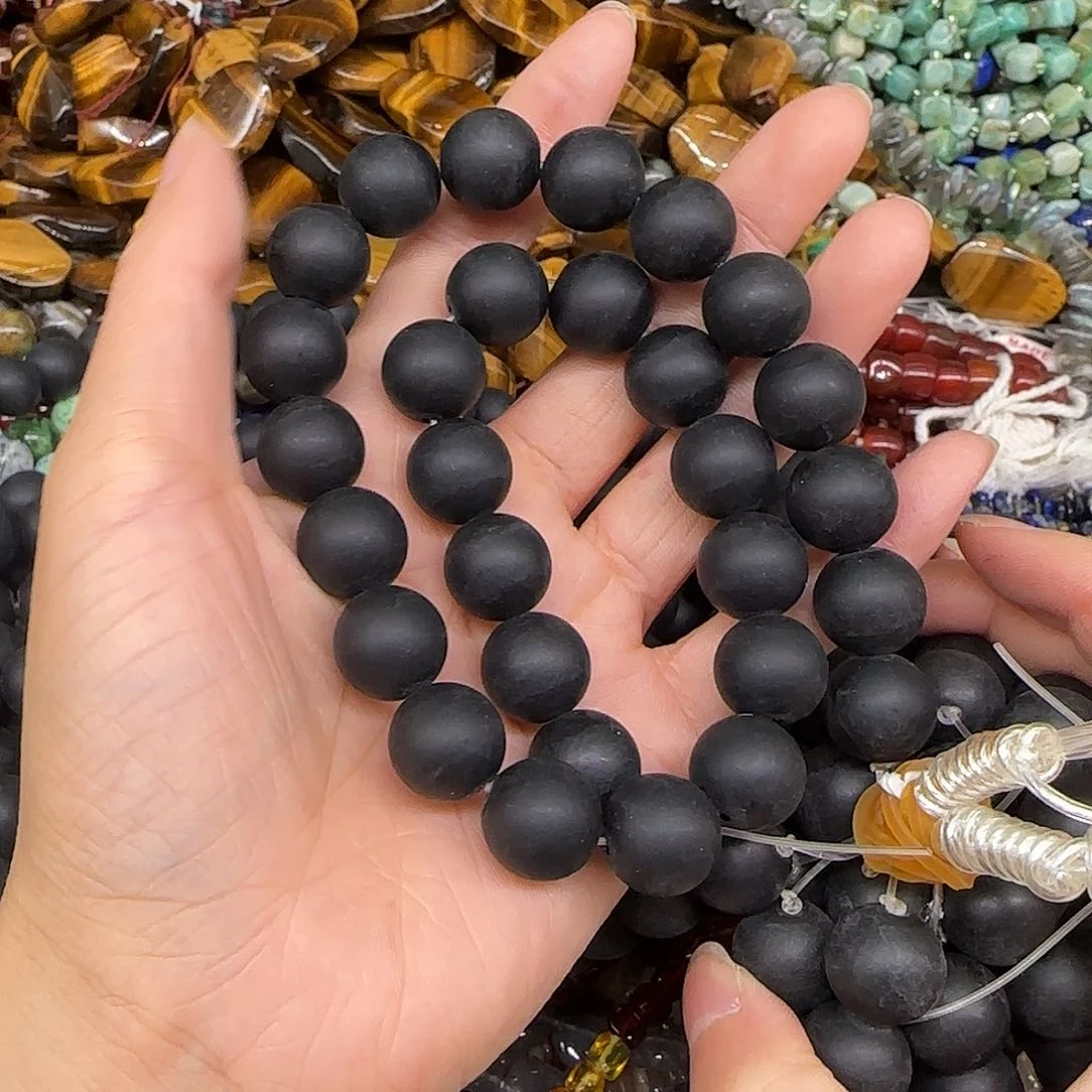 玛瑙/玉髓合金珠宝半成品黑耀石哑光14mm一条