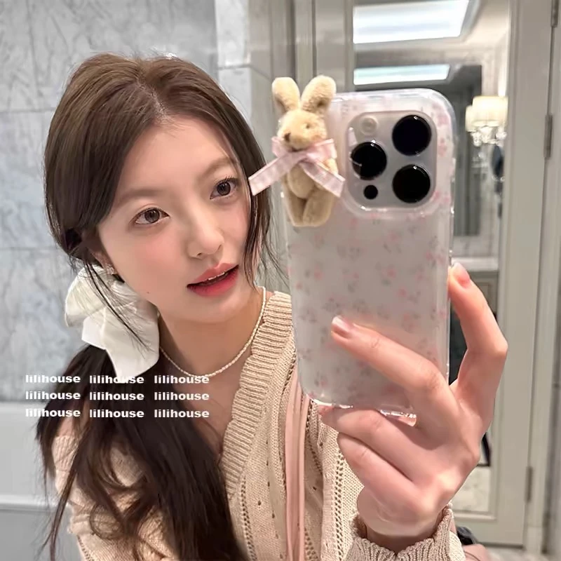 立体兔子粉碎花适用苹果手机壳华为vivo小米荣耀oppo红米新款全包