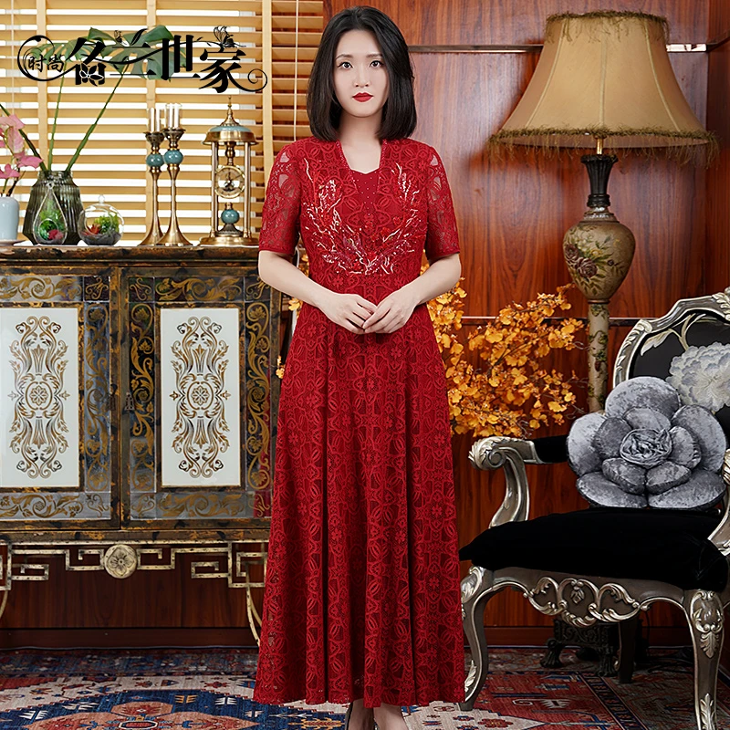 名兰世家聚会妈妈礼服平时可穿喜婆婆婚礼装蕾丝连衣裙原创设计感