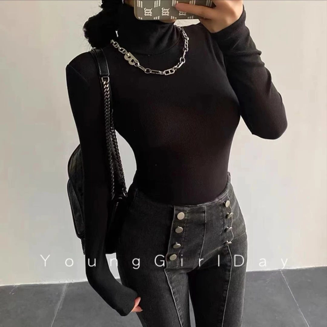 【舒雅推荐】 韩代款秋冬必备高领弹力垫肩磨毛烫钻打底衣DY#175