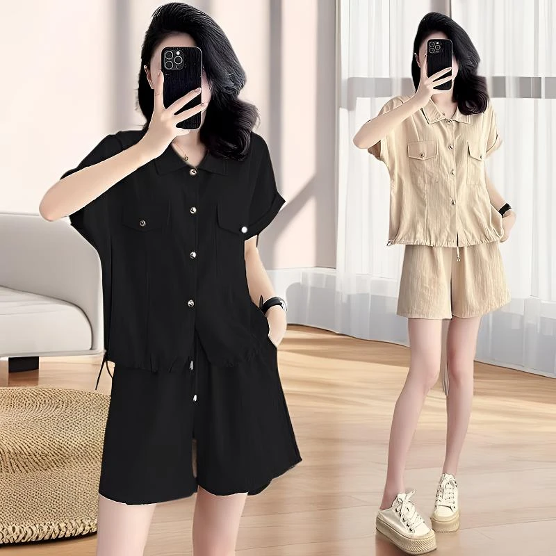 大码胖mm洋气两件套女夏季2025新款宽松显瘦短袖短裤时尚减龄套装