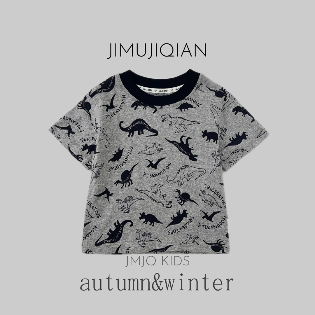 JMJQ夏季灰色百搭满史前动物恐龙短袖时尚圆领休闲T恤25136