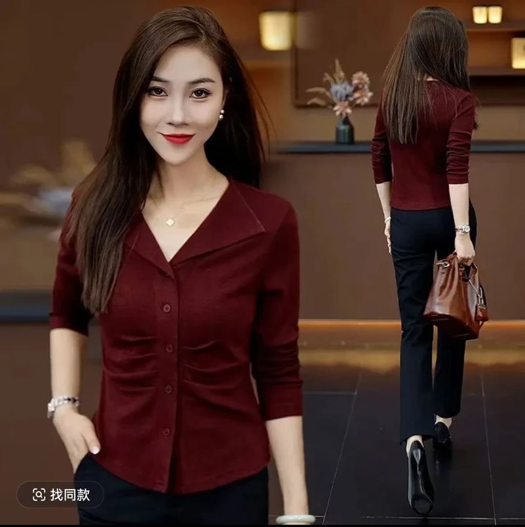 （运费补贴）2025新款针织长袖衬衣修身显瘦弹力时尚气质女士衬衫