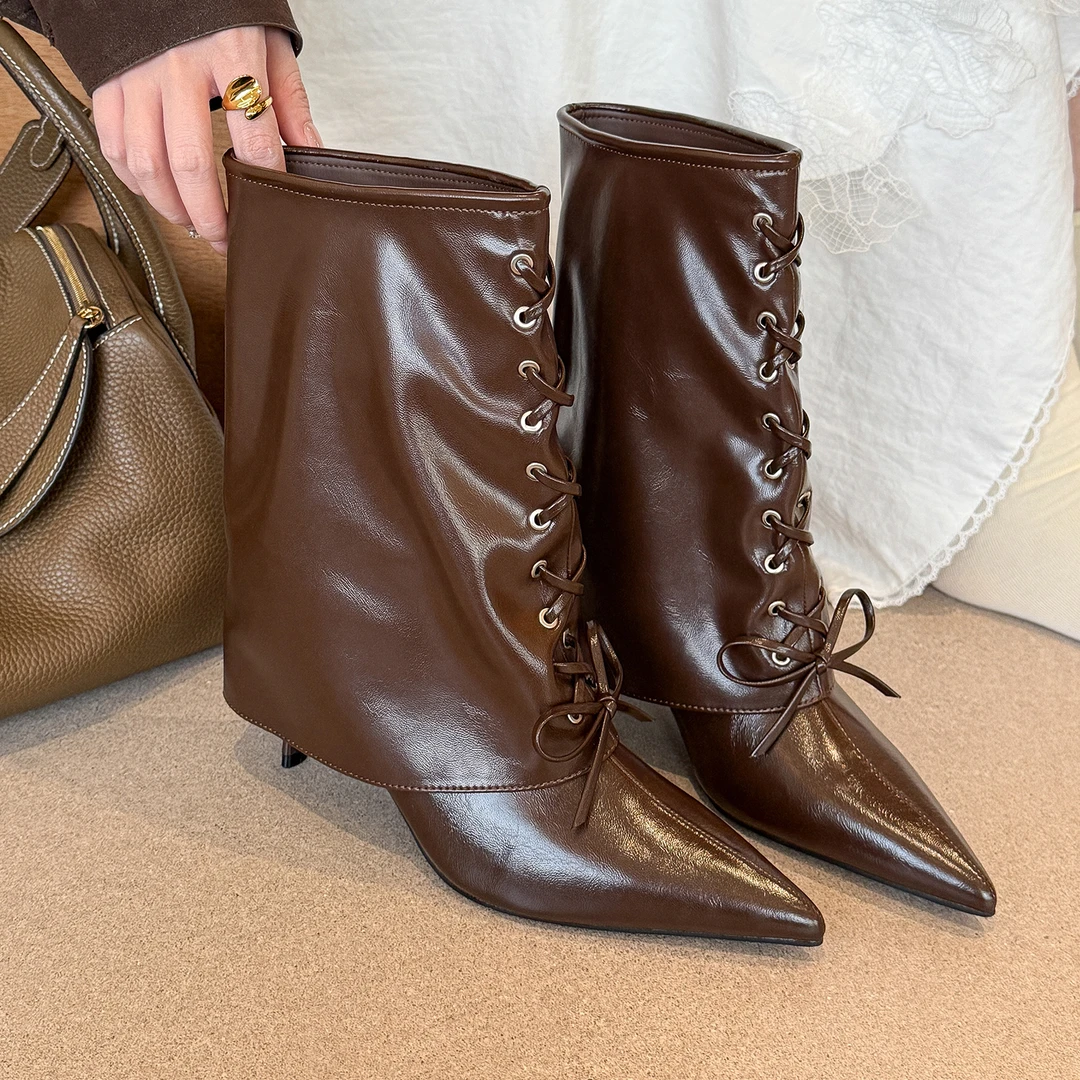 elingstudio 时髦高级！辣妹尖头绑带裤管靴女2025年秋冬高跟靴子