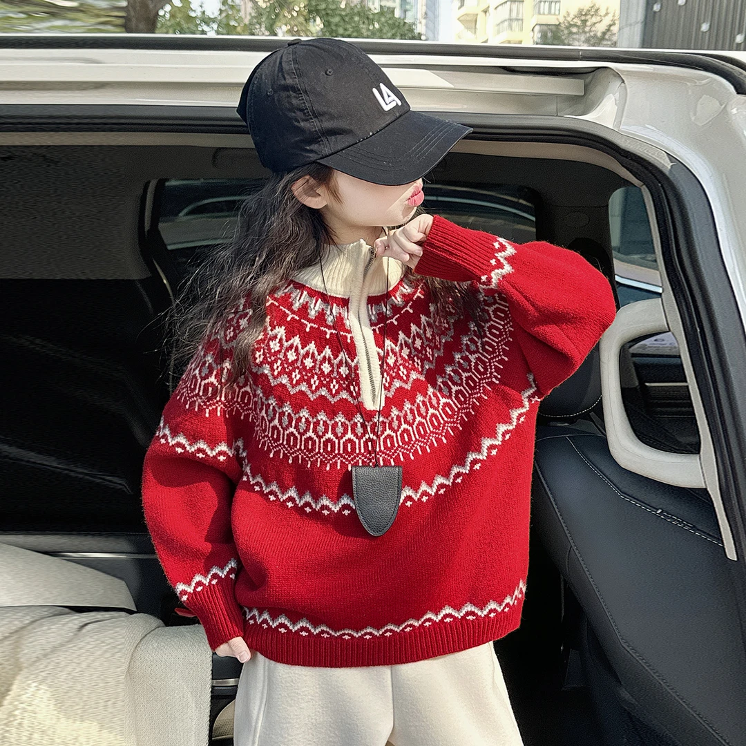 女童冬季费尔岛加厚毛衣2025新款儿童提花针织衫圣诞新年保暖内搭