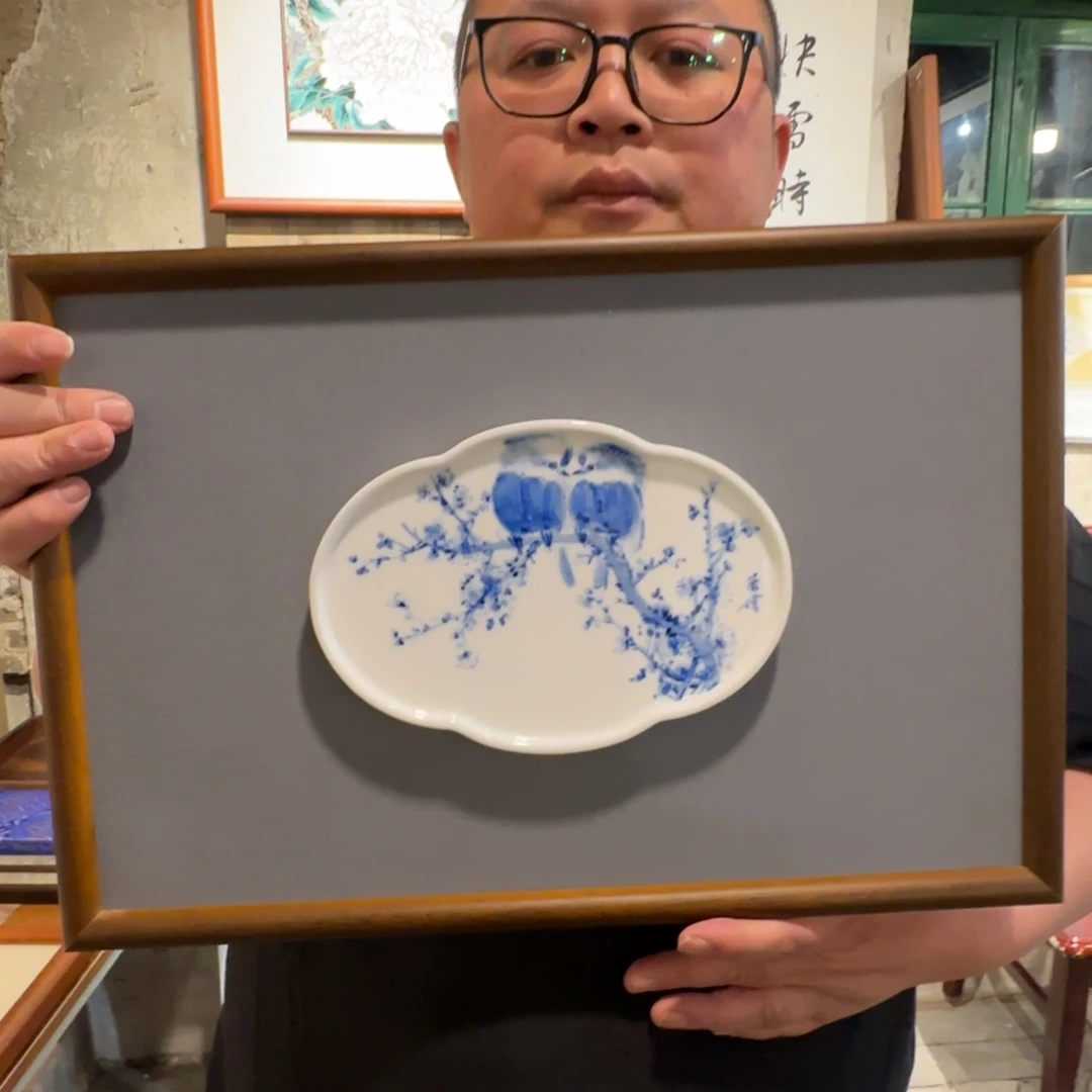 手绘青花花鸟茶盘挂画