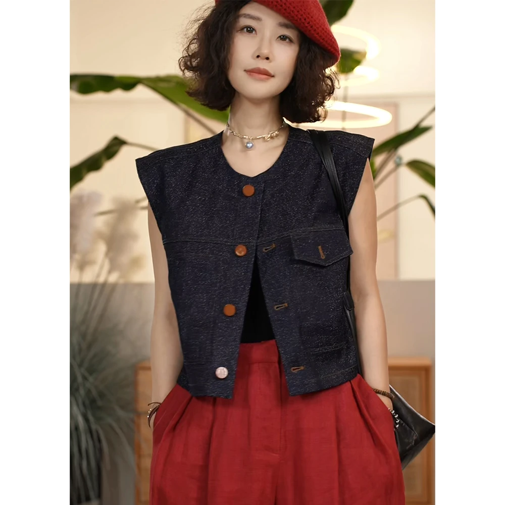 【叭哒不惑】牛仔很忙 棉宽松无袖马甲叠穿牛仔马甲百搭刺绣上衣