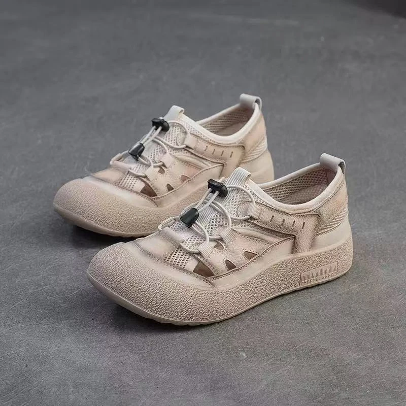 2025春夏新款真皮圆头拼色镂空舒适单鞋凉鞋休闲鞋百搭潮流软底