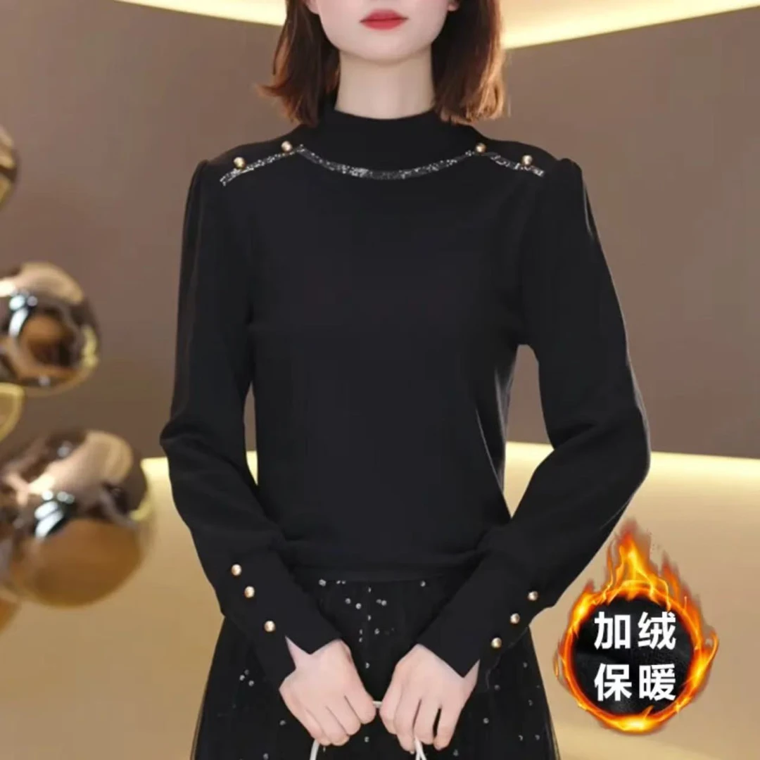 冬季新款加绒保暖打底衫女气质设计感长袖上衣T恤女士小衫上衣
