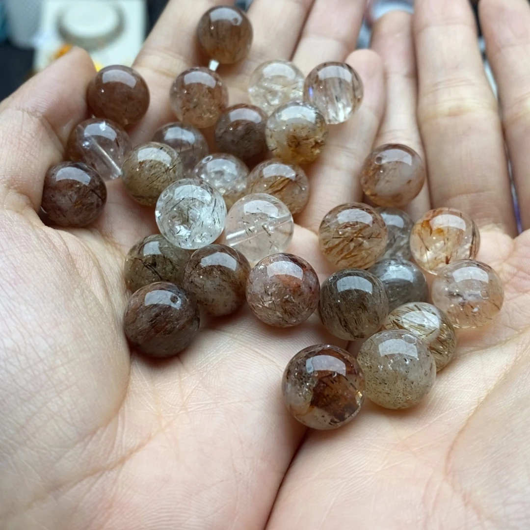 未镶嵌玛瑙/玉髓珠宝半成品两个12mm天然黑金超七水晶圆珠
