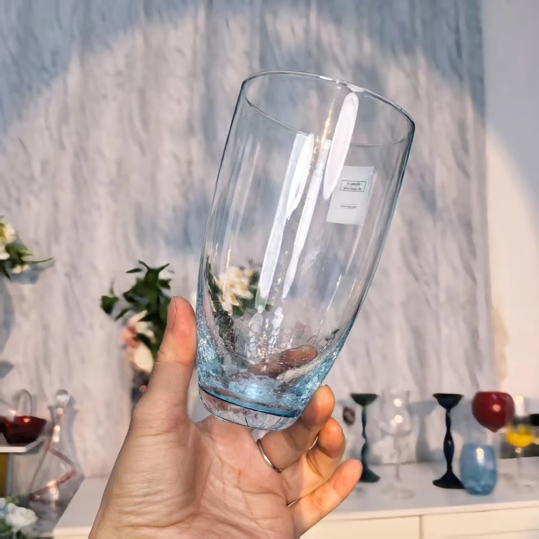 2只彩色纯色冰裂纹无盖子款玻璃杯啤酒杯透明创意水杯家用