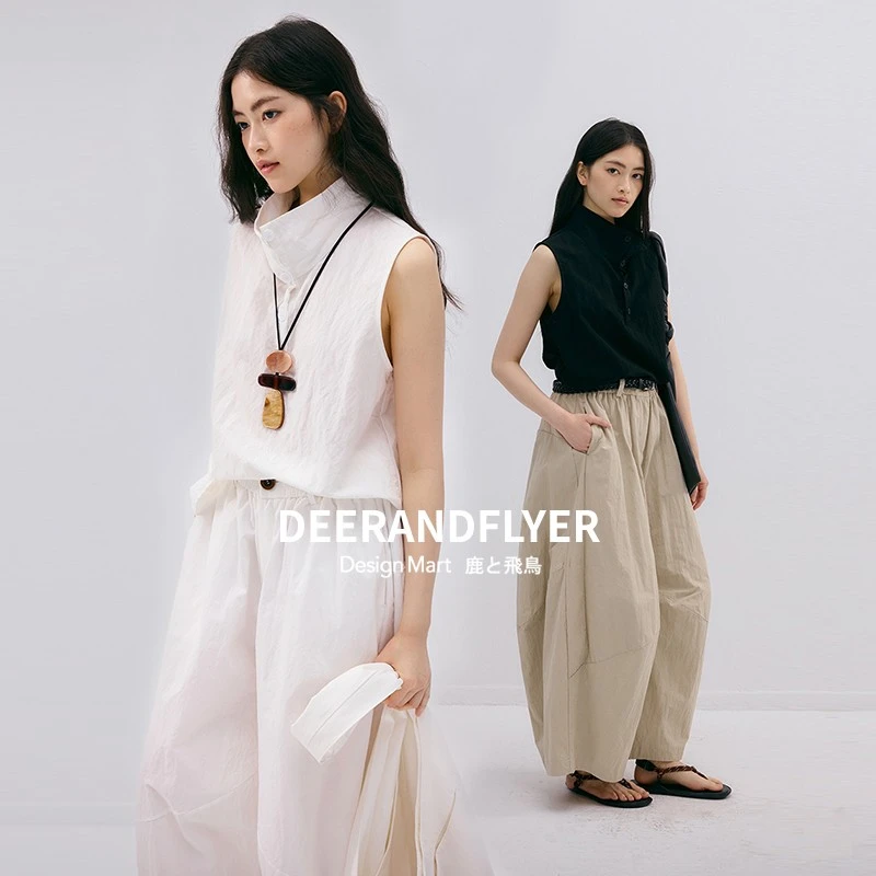 鹿与飞鸟“智简主义”舒爽透气混纺气质两色高领无袖背心上衣6721