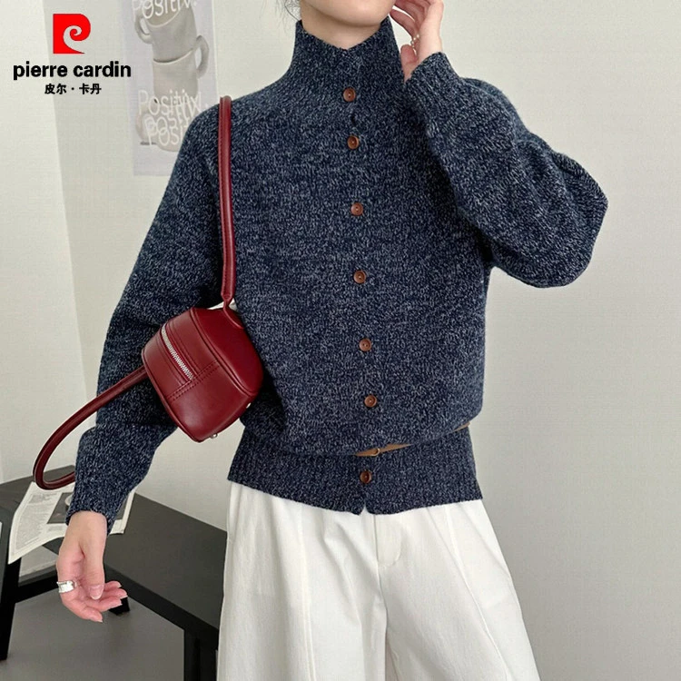 皮尔卡丹花纱开衫2025秋冬新款宽松百搭腰带羊毛衫女显瘦针织衫毛