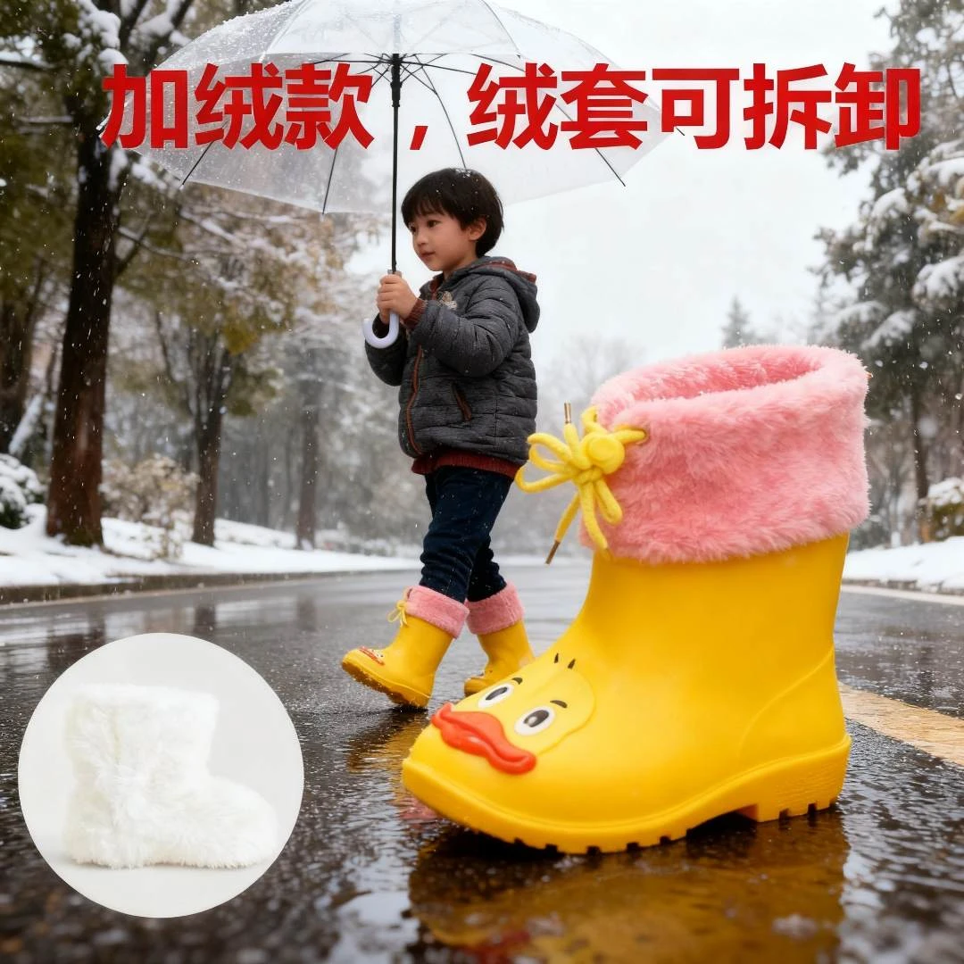 雨鞋男女童小黄鸭雨靴1-3岁婴幼儿童棉鞋冬季加绒防寒保暖雪地靴