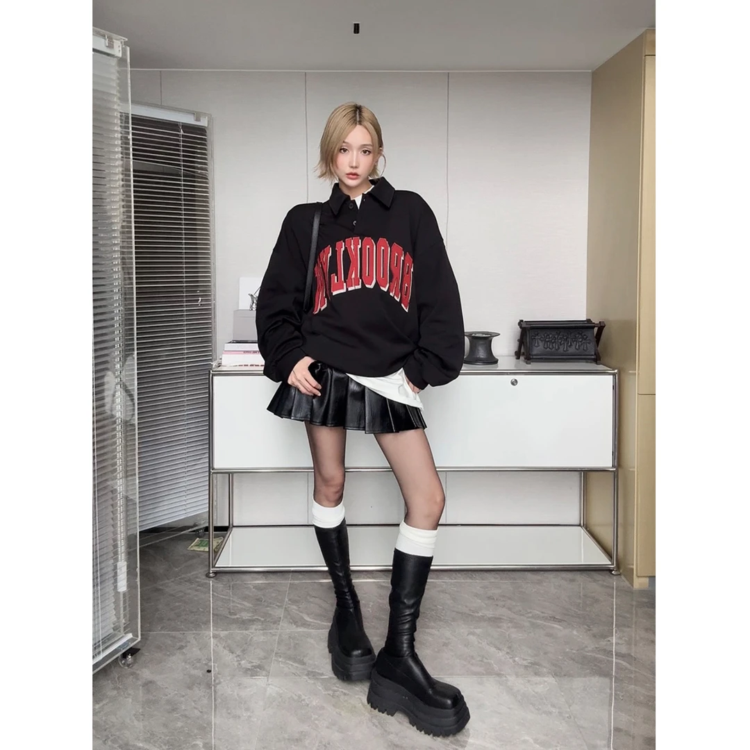 IAMCPLUS 2025AW 美式女高运动风polo领宽松卫衣