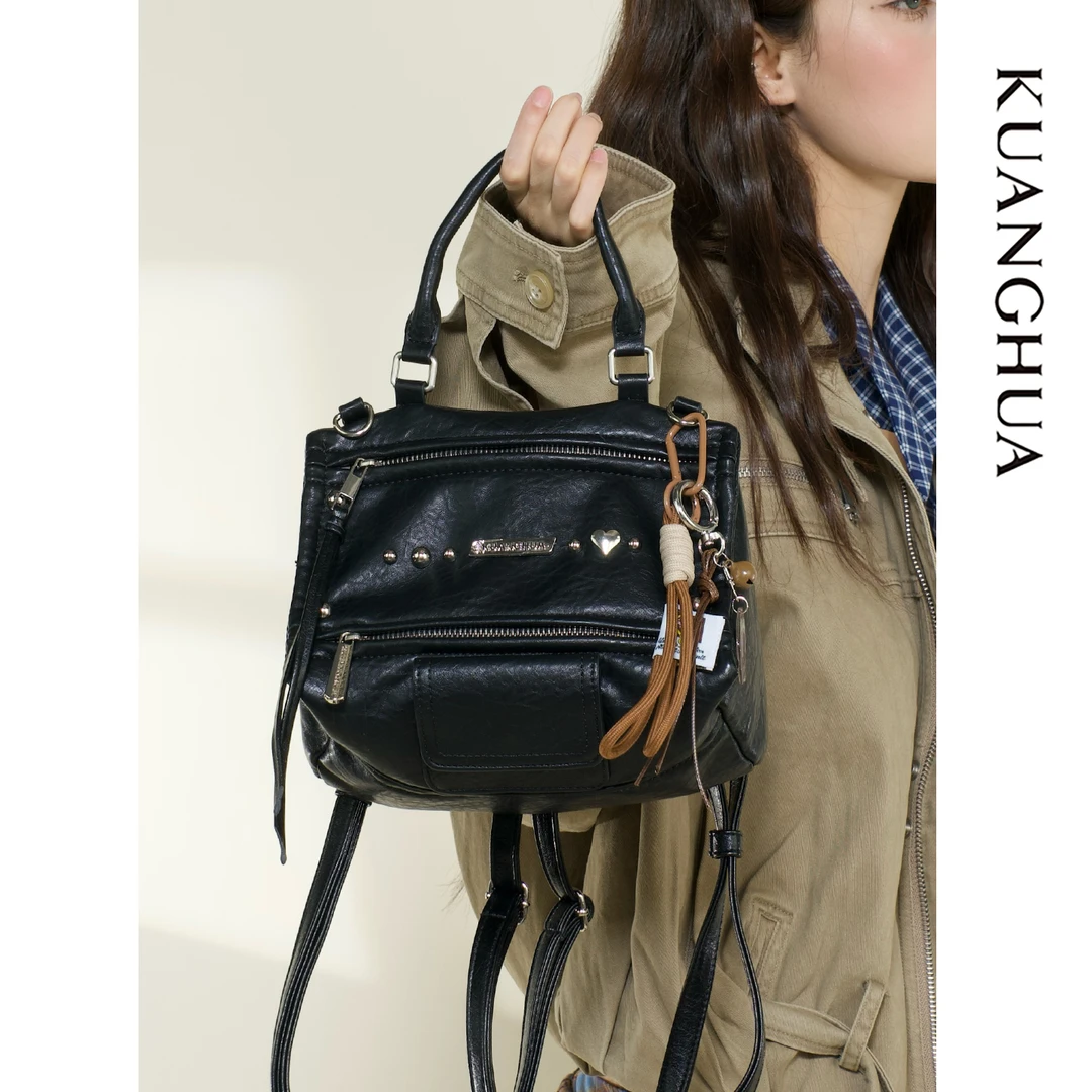 哐花村2025原创设计复古黑色软皮双肩包女通勤单肩斜挎百搭手提包