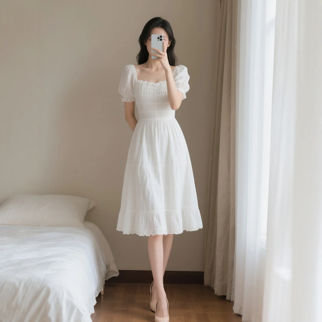 2025夏季新款女装时尚穿搭白色初恋法式连衣裙收腰小个子温柔淑女