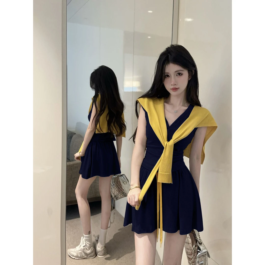 辣妹捏褶V领飞飞袖上衣披肩高腰裙裤时尚三件套装女洋气衣服女