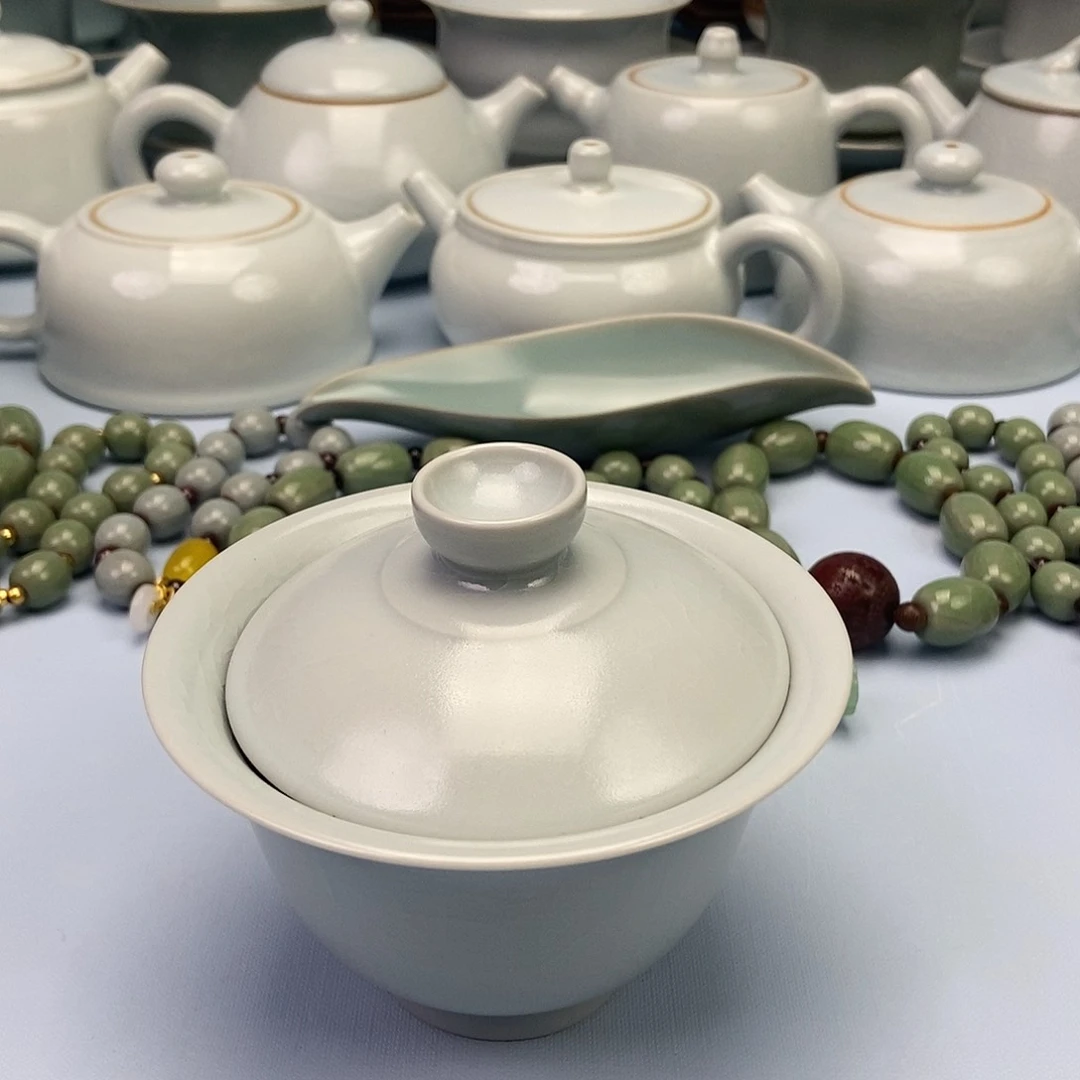 杯仿古月白两财元宝盖碗原矿原釉原产地