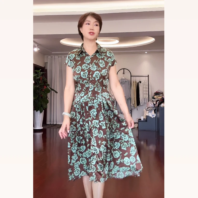 【葛行长定制】轻盈柔软气质印花翻领连衣裙缎面丝滑衬衫长裙JRGD65