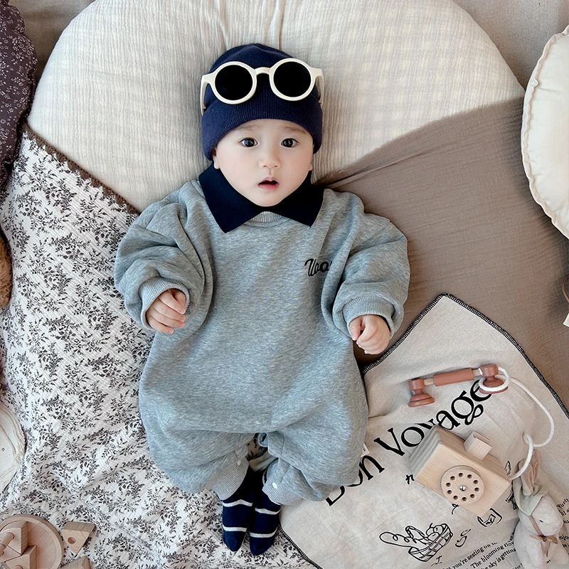 婴儿字母加绒保暖哈衣连体衣服秋冬季装新款百天宝宝超萌洋气外出