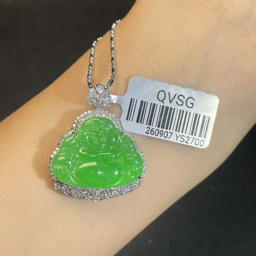 缅甸A货翡翠南非真钻18K金佛公吊坠（不含链）