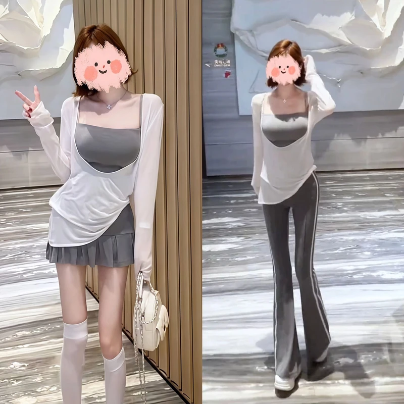 2025夏季辣妹纯欲休闲运动不规则吊带背心+防晒罩衫+A字裙裤套装