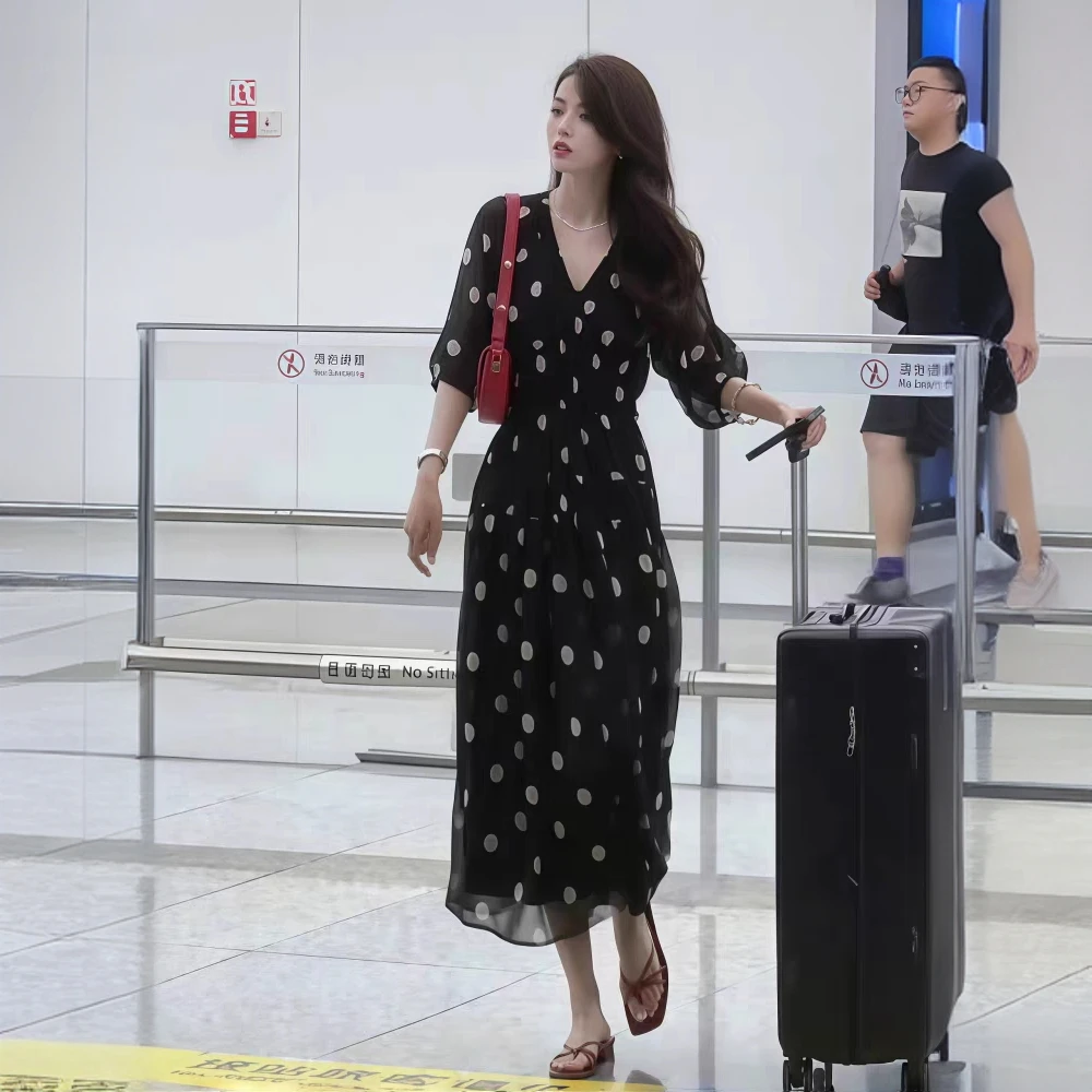 七分袖女装法式2025夏季时尚波点长裙复古连衣裙裙子显瘦收腰百搭