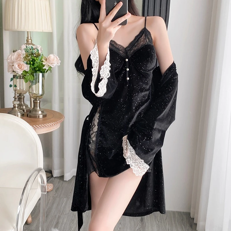 2025女秋冬性感蕾丝网纱纯欲风金丝绒吊带睡裙睡袍睡衣套装带胸垫