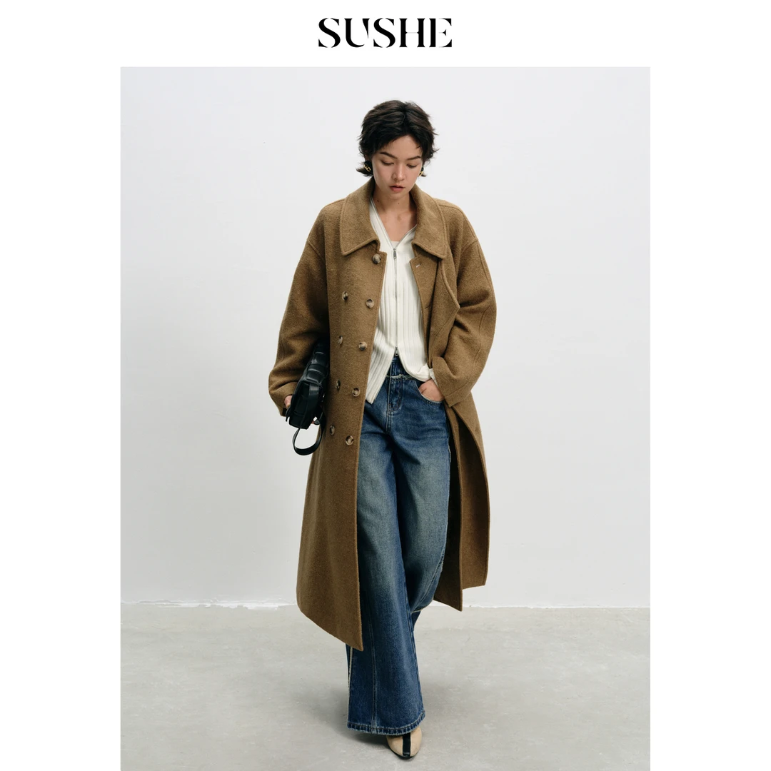 束皙SUSHE普赛罗vintage腔调呢廓形系带呢大衣外套女冬秋冬中长款