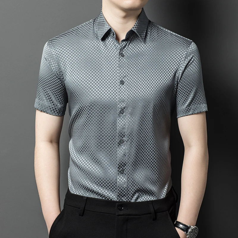 真丝桑蚕丝宽松男士翻领休闲透气衬衫男装夏季薄款上衣衬衫经典潮