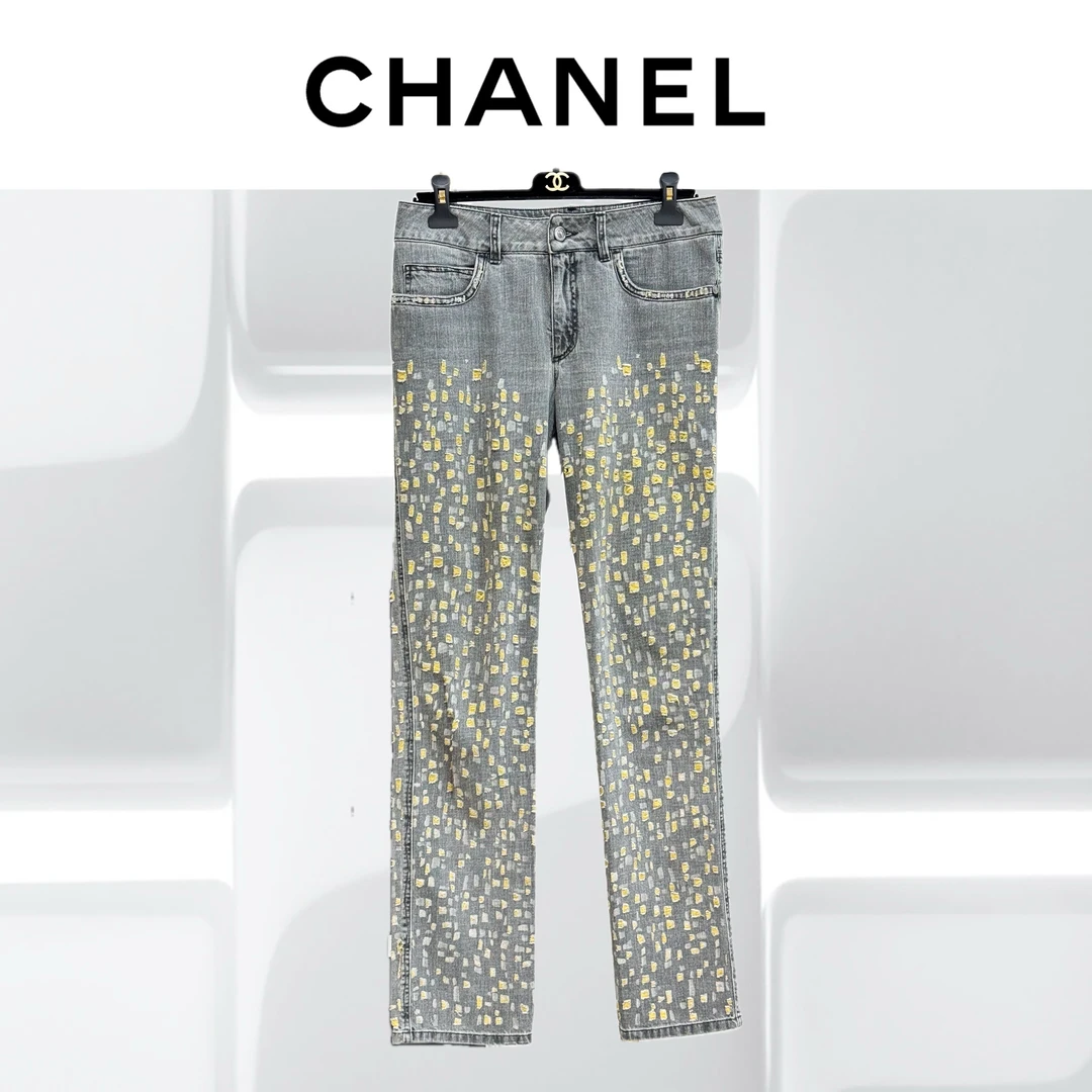 99新 Chanel/香奈儿 40码 灰色拼黄色 牛仔 长裤
