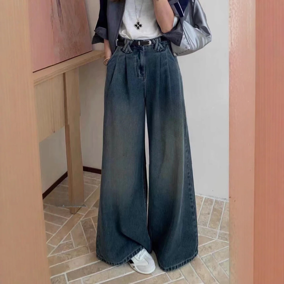 2576#复古蓝无弹力秋季新款个性重叠耳仔设计阔腿高腰牛仔女裤子