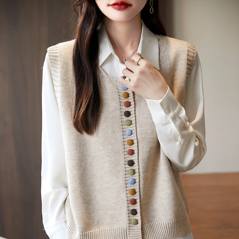 【小彩扣】早秋新款复古彩色排口洋气宽松针织马甲休闲叠穿百搭上衣