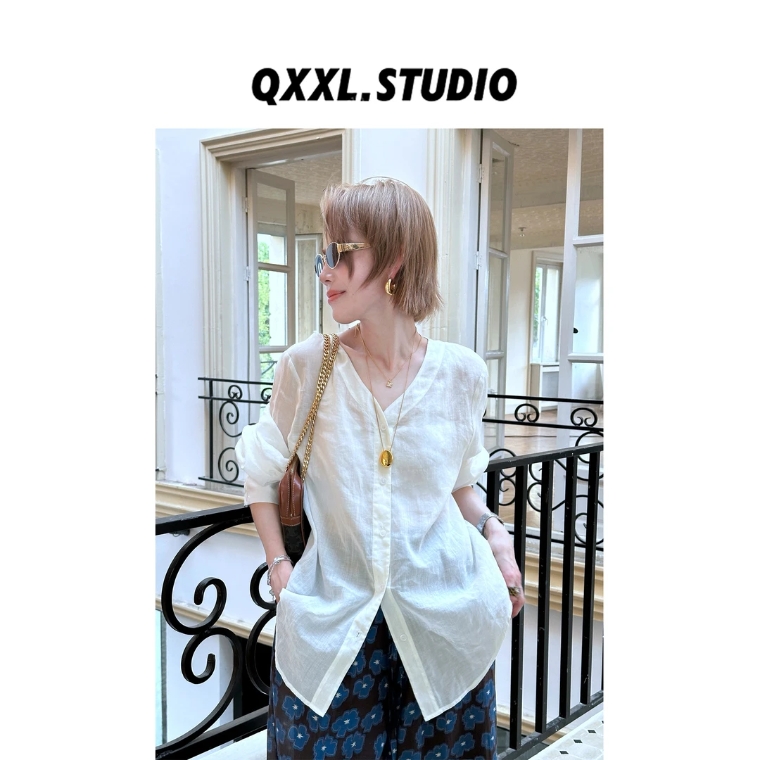 邱小小丽呀 夏季韩版宽松V领衬衫设计感百搭洋气长袖防晒上衣女