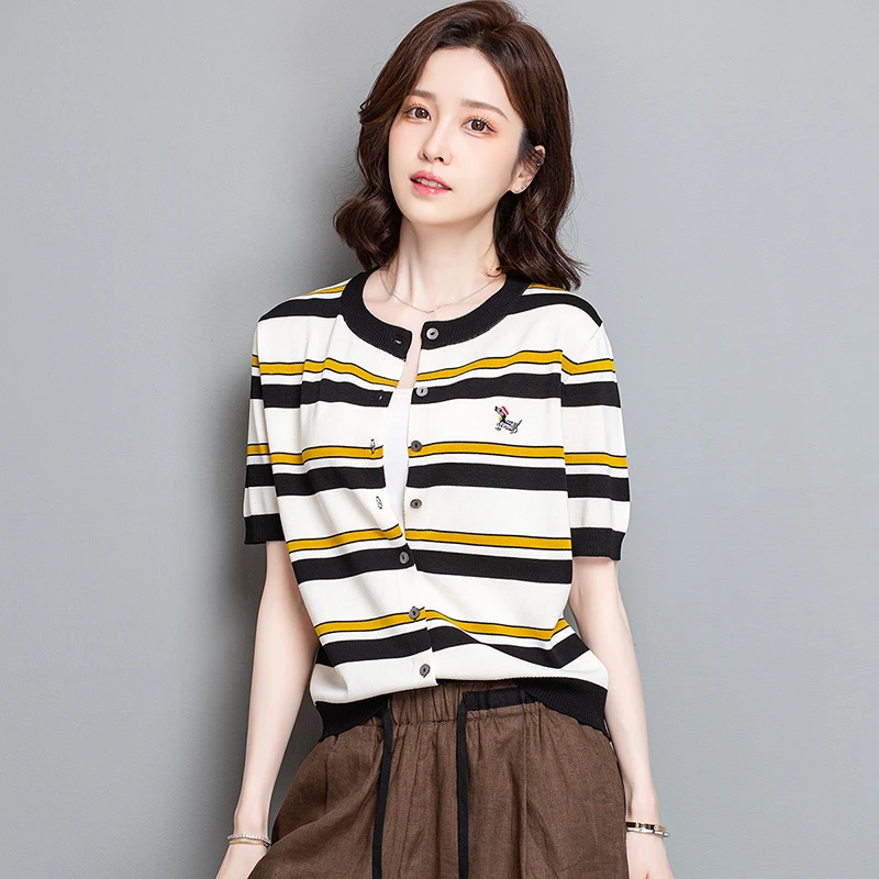 女宽松短款条纹百搭时尚针织衫洋气开衫圆领短袖夏季外搭空调衫潮