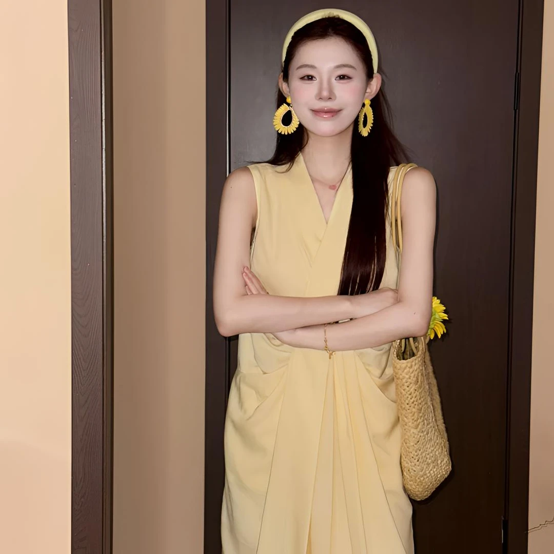 【100%莱赛尔】气质 时尚 小众  美静在这夏季黄色连衣裙XMZH8493