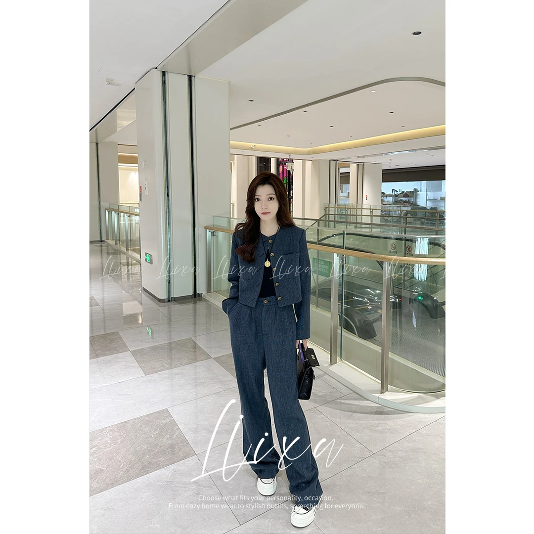 Liixu高级气质休闲圆领高腰阔腿裤牛仔风格小香套装女L51TZ032