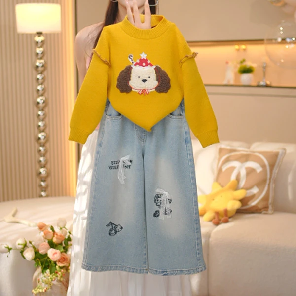 【九糖】女童毛衣针织开衫牛仔裤秋季中大童百搭长袖上衣外套时髦